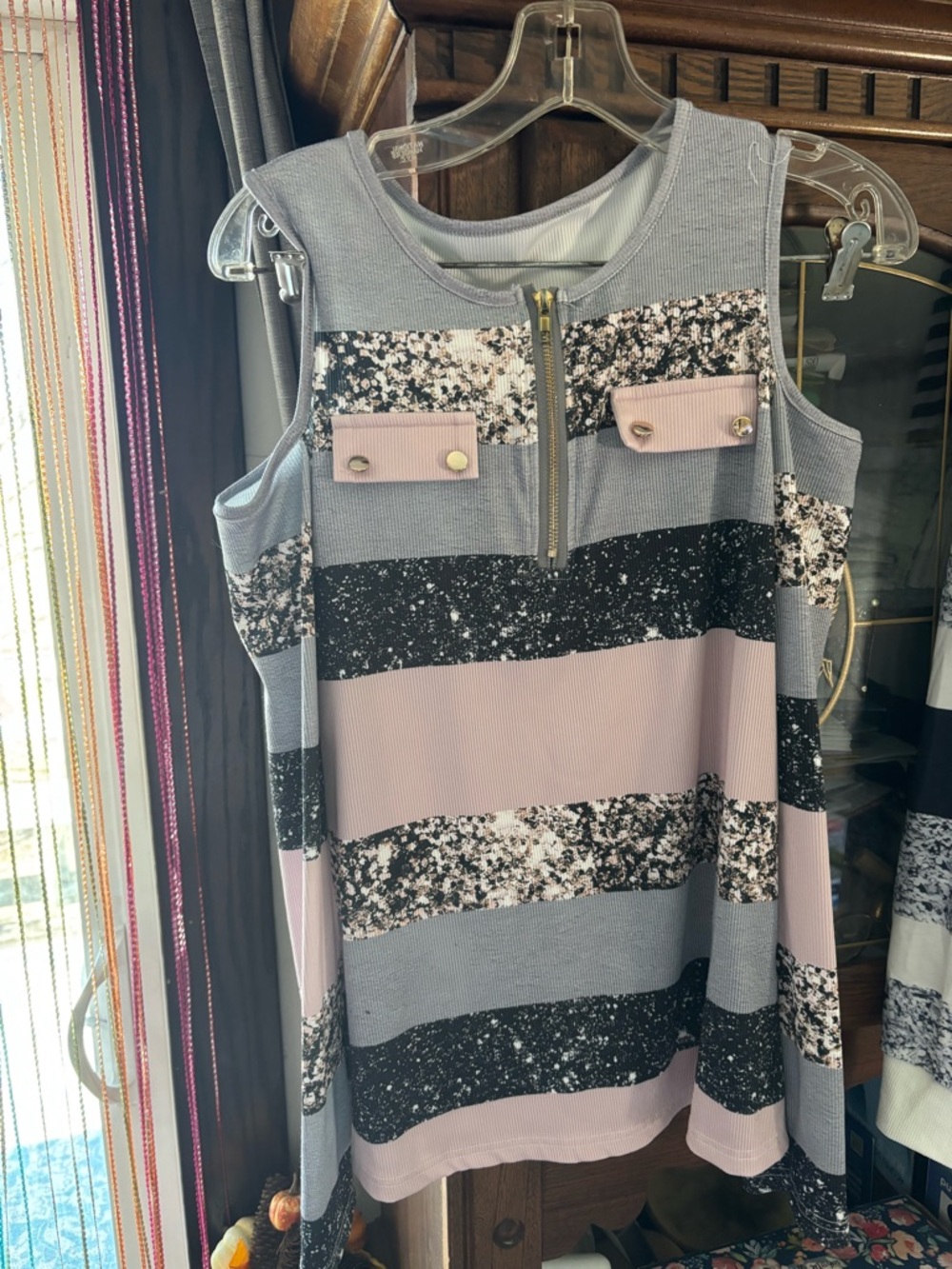 Striped Cold-Shoulder Tank Top in Dusty Pink and Gray